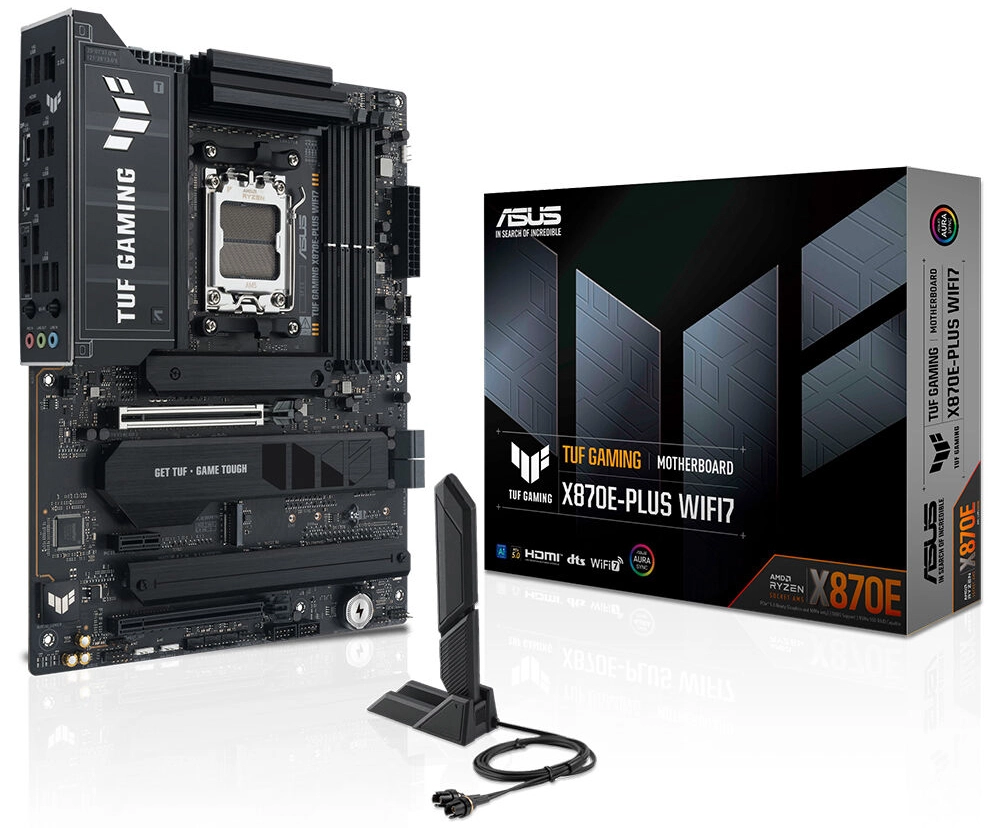 ASUS TUF GAMING X870E-PLUS WIFI anakart, kutu ve WiFi anten