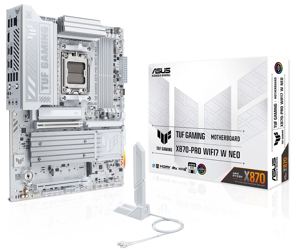 ASUS TUF GAMING X870-PRO WIFI7 W NEO anakart, kutu ve WiFi anten