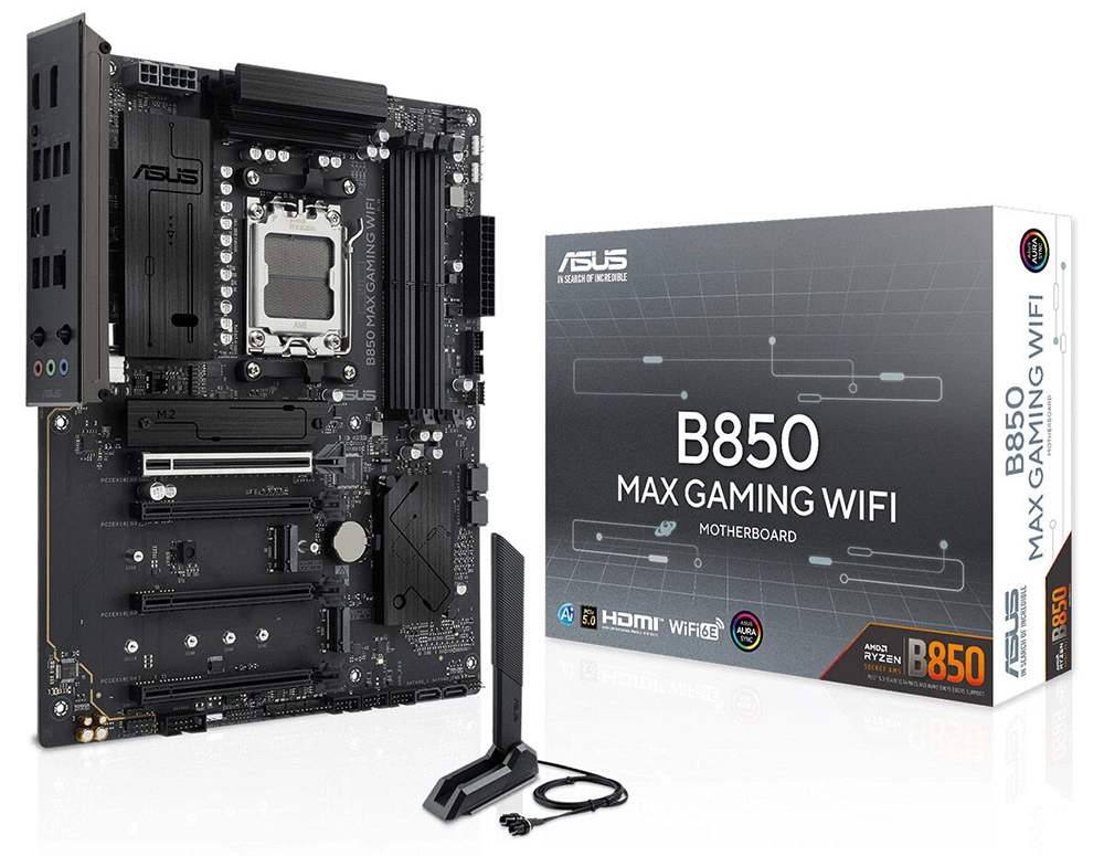 ASUS B850 MAX GAMING WIFI anakart, kutu ve WiFi anten