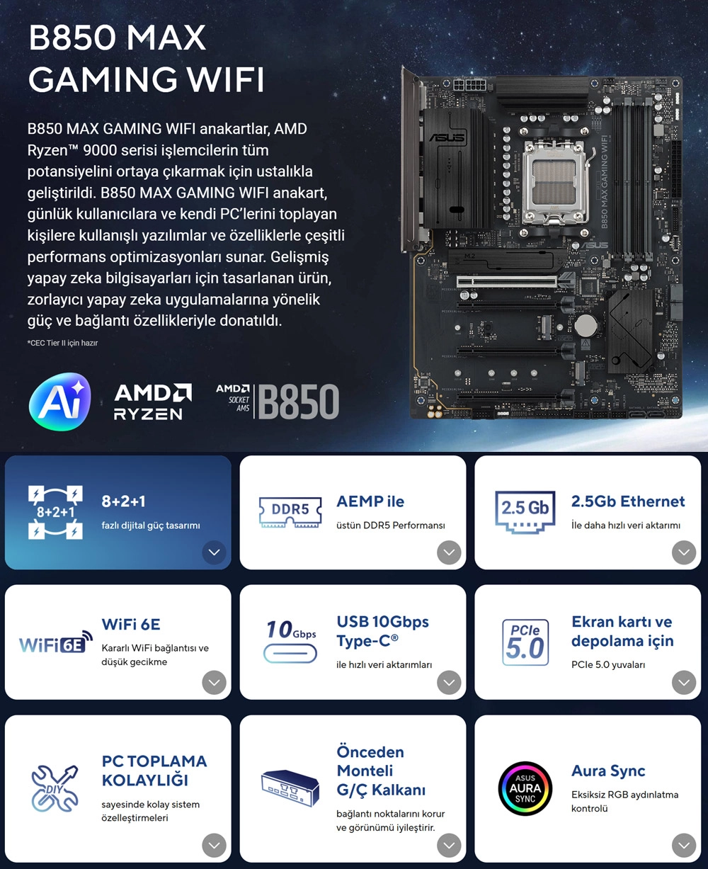ASUS B850 MAX GAMING WIFI özellik özeti