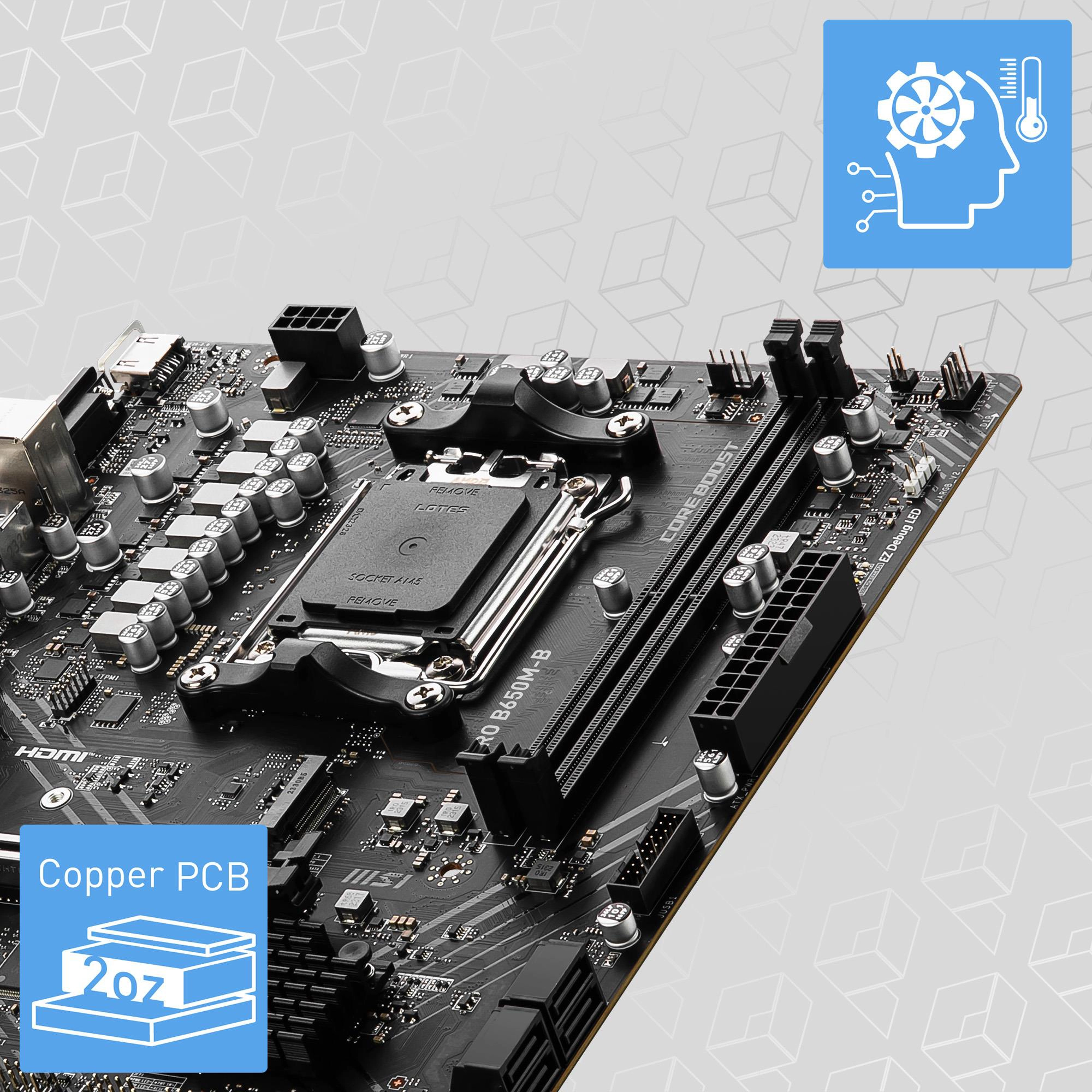 MSI PRO B650M-B Core Boost güç tasarımı ve 2oz bakır PCB