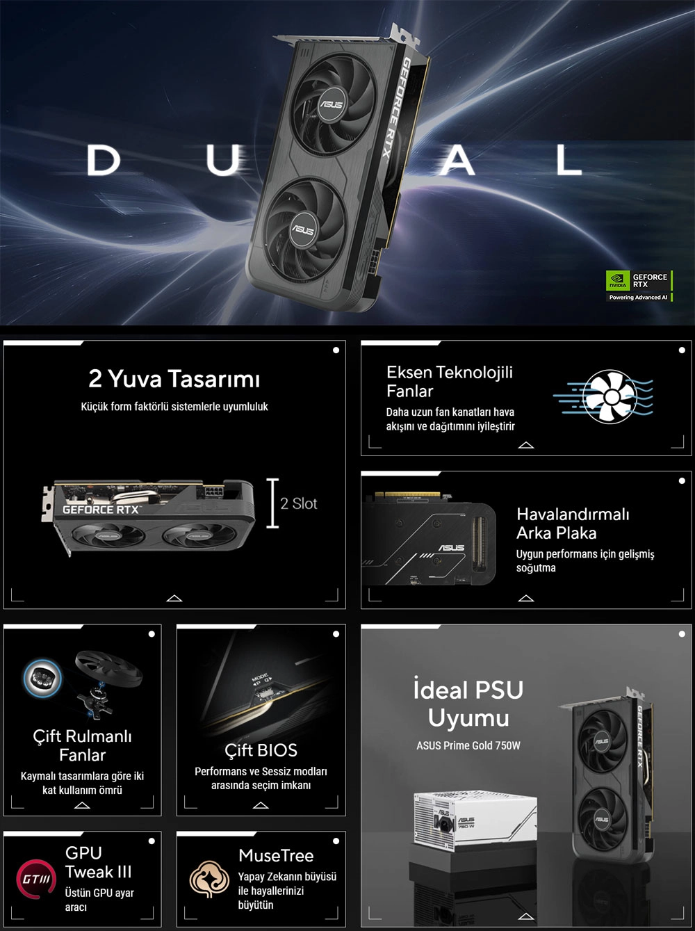 ASUS Dual GeForce RTX™ 5050 8GB GDDR6 OC Edition çift fan soğutma tasarımı