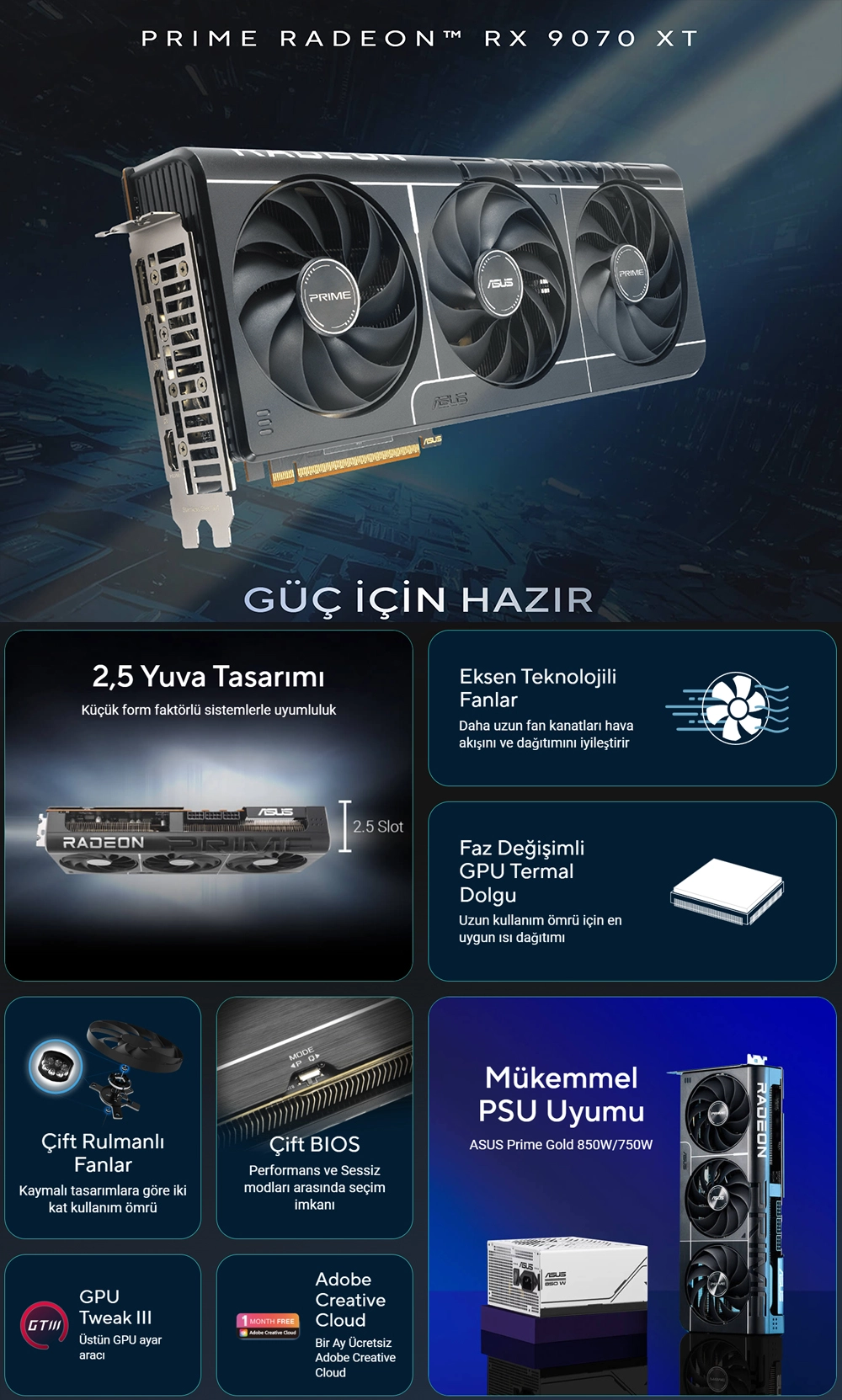ASUS Prime Radeon™ RX 9070 XT OC Edition 16GB GDDR6 güç için hazır