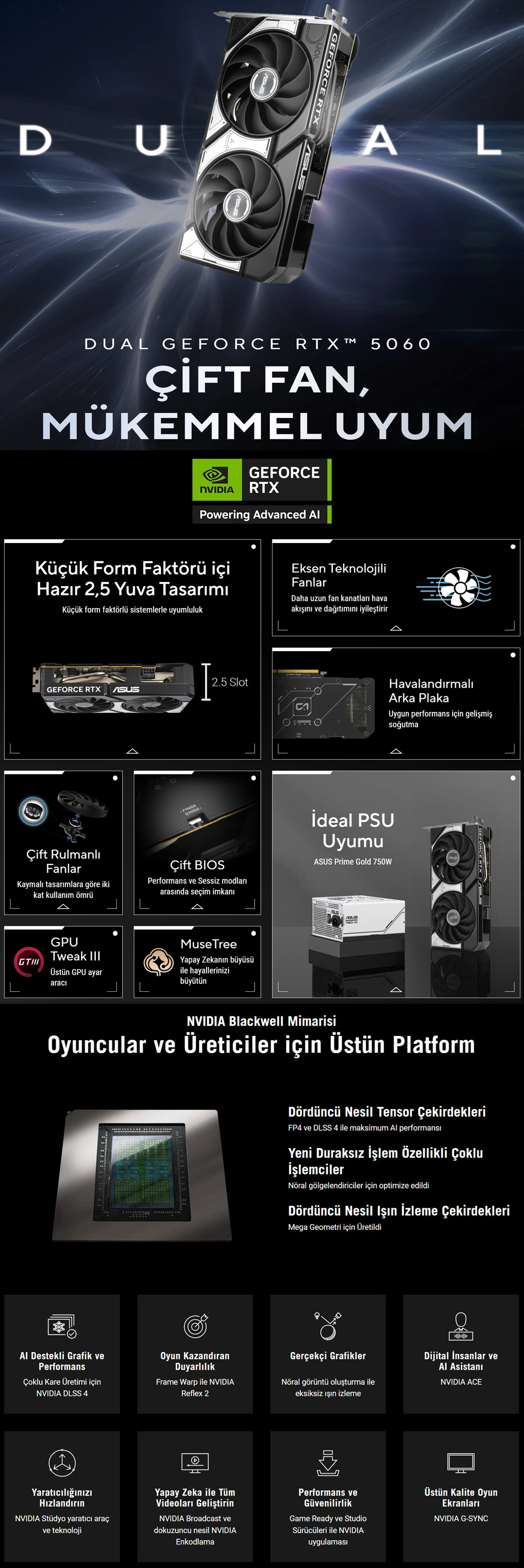 ASUS Dual GeForce RTX™ 5060 Ti 8GB GDDR7 OC Edition çift fan soğutma tasarımı