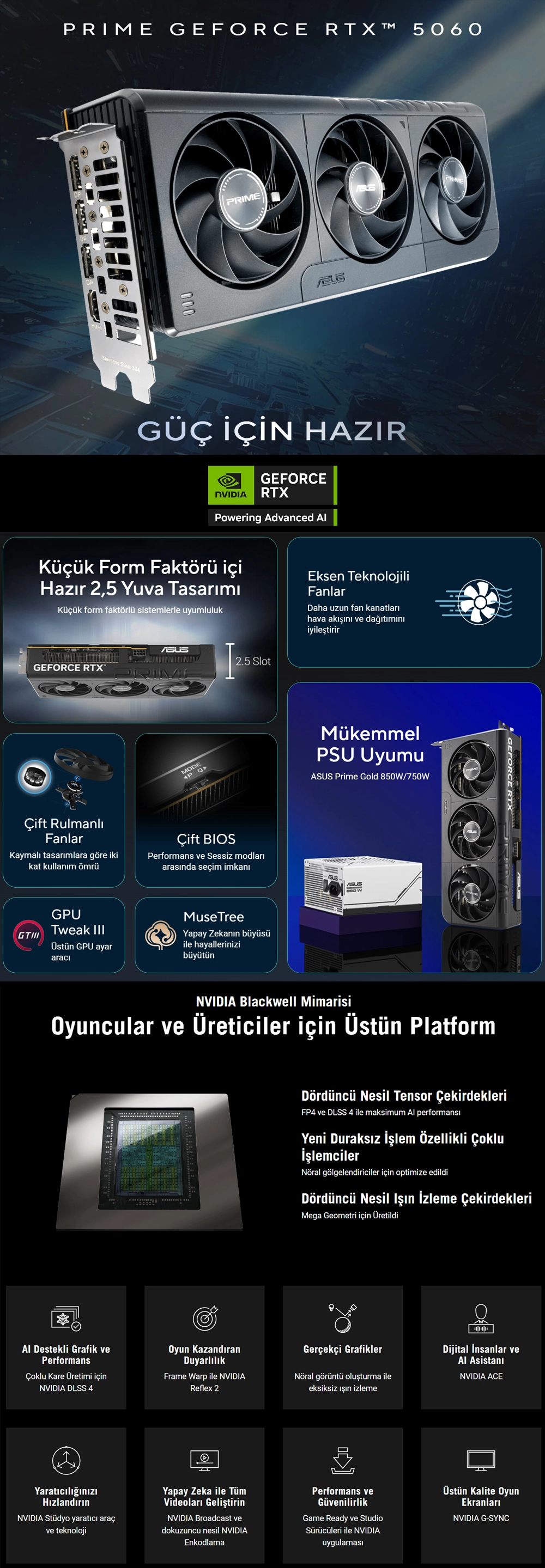ASUS PRIME GeForce RTX™ 5060 8GB GDDR7 OC Edition güç için hazır