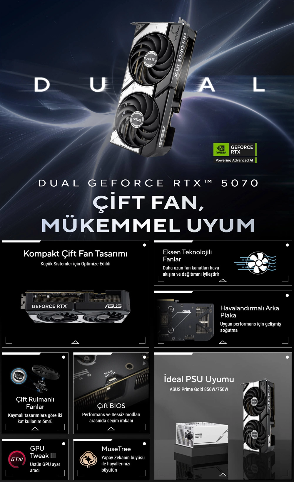 ASUS Dual GeForce RTX™ 5070 12GB GDDR7 OC Edition çift fan soğutma tasarımı