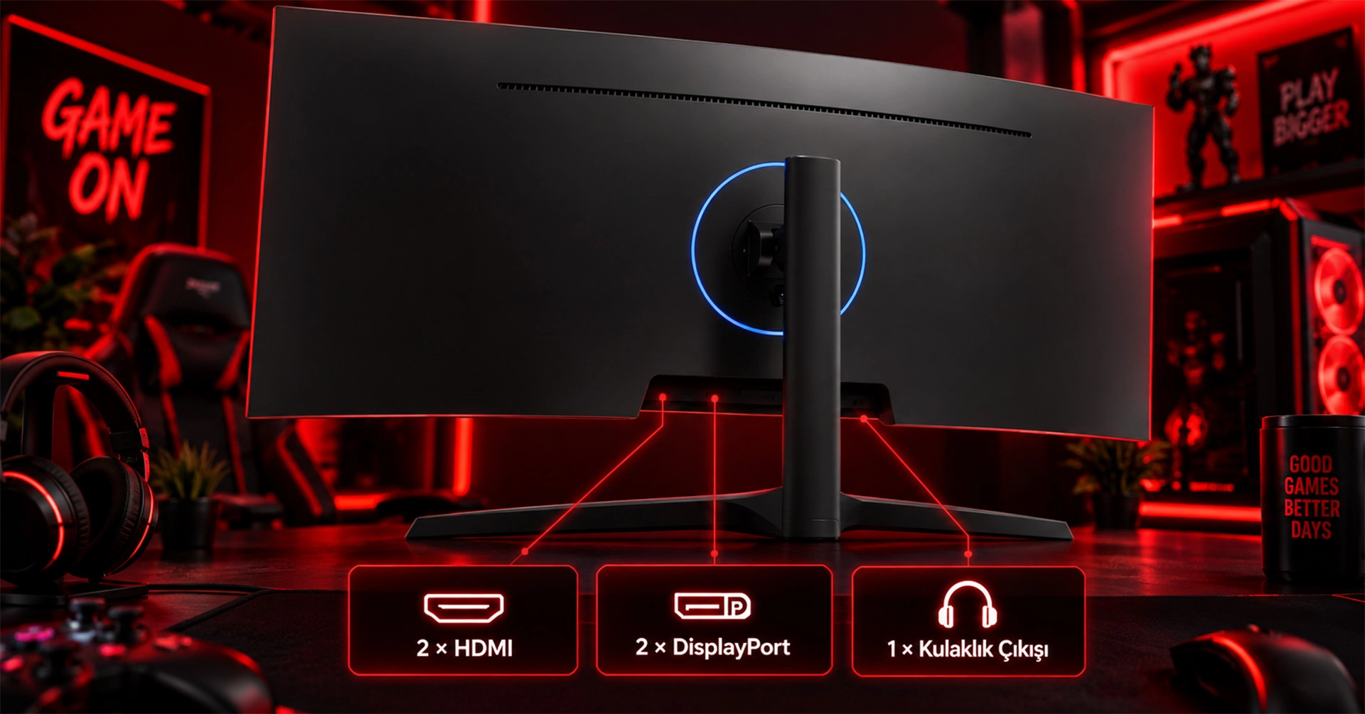 AIWA MP3424-Y HDMI, DisplayPort ve kulaklık çıkışı